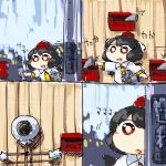  4koma :d :o bird_scarer black_hair black_wings blush_stickers chibi collared_shirt comic commentary_request hat mailbox_(incoming_mail) newspaper numbered_panels open_mouth outdoors pom_pom_(clothes) red_eyes scarecrow shameimaru_aya shirt short_hair short_sleeves silent_comic smile solo sound_effects tokin_hat touhou white_pupils white_shirt wings yaise 