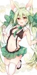 animal_ear_fluff animal_ears art556_(girls_frontline) bangs bare_shoulders black_footwear blush bow breasts brown_eyes collared_shirt commentary_request crop_top eyebrows_visible_through_hair fang fukunoki_tokuwa girls_frontline gloves green_bow green_hair green_neckwear green_skirt hair_between_eyes hair_bow hand_up highres long_hair looking_at_viewer navel open_mouth pleated_skirt shirt shoes skirt small_breasts solo thighhighs twintails twitter_username very_long_hair white_background white_gloves white_legwear white_shirt 