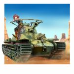  artist_request breasts brown_eyes caterpillar_tracks comiket_88 commentary_request desert ground_vehicle metal_max military military_vehicle motor_vehicle red_hair sarukichi_(chiekichi) short_hair sky solo tank type_97_chi-ha 