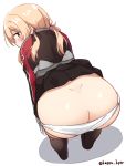 ass bangs bent_over black_jacket black_legwear black_skirt blonde_hair blush butt_crack commentary_request covered_mouth eyebrows_visible_through_hair gloves green_eyes hair_between_eyes highres iron_cross jacket kantai_collection kapatarou long_hair long_sleeves looking_at_viewer looking_back low_twintails panties panty_pull pleated_skirt prinz_eugen_(kantai_collection) revision shadow simple_background skirt skirt_lift solo standing thighhighs twintails twitter_username underwear white_background white_gloves white_panties 