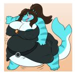  2018 absurd_res anthro areola belly big_belly big_breasts blush bottomless breasts cheeki clothed clothing deep_navel digital_drawing_(artwork) digital_media_(artwork) female fish hair hi_res huge_breasts hyper hyper_breasts marine navel nipples obese obese_female open_mouth overweight pun_(quipshark) shark simple_background solo standing teeth thick_thighs wide_hips 