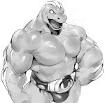  anthro belt bulge clothed clothing hand_on_hip machoke male monochrome muscular muscular_male nintendo null-ghost open_mouth pok&eacute;mon pok&eacute;mon_(species) sharp_teeth simple_background smile solo teeth topless video_games white_background 