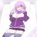  bangs blush bow breasts chan_co collared_shirt commentary_request cosplay fate/grand_order fate_(series) flying_sweatdrops glasses hair_over_one_eye jacket lavender_hair long_sleeves look-alike looking_at_viewer mash_kyrielight open_mouth pantyhose purple_eyes purple_jacket shinjou_akane shinjou_akane_(cosplay) shirt short_hair sleeves_past_wrists solo ssss.gridman white_shirt 