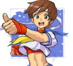  :d brown_eyes brown_hair commentary_request crop_top fingerless_gloves gloves headband kasugano_sakura midriff open_mouth short_hair short_sleeves sketch smile solo street_fighter teeth thumbs_up upper_body yuusuke_(5yusuke3) 