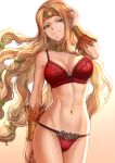  abs adjusting_hair arm_up aztec bangs bare_shoulders blonde_hair blush bow bow_bra bra bracer breasts choker circlet cleavage collarbone commentary earrings eyebrows_visible_through_hair fate/grand_order fate_(series) floral_print gradient gradient_background green_eyes hair_brushing hair_ornament headband headdress highres jewelry lace lace-trimmed_bra large_breasts lingerie long_hair looking_at_viewer mashu_003 navel panties quetzalcoatl_(fate/grand_order) red_bra red_panties simple_background smile solo thighs underwear very_long_hair 