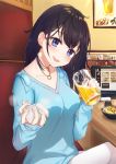  :d alcohol beer beer_mug black_hair blue_eyes blue_sweater blush breasts collarbone commentary_request cup fingernails food head_tilt highres holding holding_cup indoors long_hair long_sleeves medium_breasts mole mole_under_eye omelet_tomato open_mouth original pants round_teeth sitting sleeves_past_wrists smile solo sweater table teeth transparent upper_teeth white_pants 