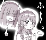  angry blowing bow bowtie braid candle clover_hair_ornament ddak5843 french_braid ghost hair_ornament hime_cut hitodama long_hair monochrome multiple_girls nijisanji shaded_face sweater_vest tsukino_mito virtual_youtuber 