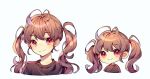  antenna_hair black_shirt blush brown_hair chibi closed_mouth eyebrows_visible_through_hair ha_youn looking_at_viewer original red_eyes shirt simple_background smile twintails upper_body white_background 