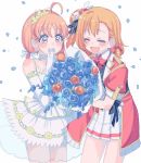  bokura_no_live_kimi_to_no_life bouquet commentary_request covering_mouth cream_(nipakupa) dress flower hand_over_own_mouth inami_anju kousaka_honoka love_live! love_live!_school_idol_project love_live!_sunshine!! multiple_girls nitta_emi seiyuu_connection smile takami_chika thank_you_friends!! 