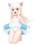  2018 amber_eyes animal_humanoid barefoot blonde_hair cat_humanoid child clothed clothing fangs feline female flat_chested hair humanoid inner_tube long_hair mammal mitokon_dorian one-piece_swimsuit open_mouth simple_background slit_pupils solo swimsuit white_background young 