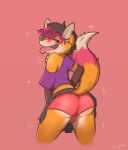  2018 anthro balls bulge butt canine clothed clothing clothing_lift crossdressing digital_media_(artwork) faxy fox girly hair looking_at_viewer loose_shirt male mammal open_mouth panties presenting shirt simple_background skirt skirt_lift skymafia smile solo sparkles standing sweat tongue tongue_out underwear 