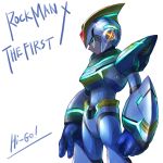  absurdres android blue_gloves commentary_request copyright_name cowboy_shot gloves green_eyes helmet hi-go! highres male_focus profile rockman rockman_x signature simple_background sketch solo white_background x_(rockman) 