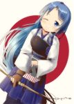  alternate_costume artist_name bangs blue_eyes blue_hair blue_hakama bow_(weapon) cosplay dutch_angle gloves hakama holding holding_bow_(weapon) holding_weapon japanese_clothes kaga_(kantai_collection) kaga_(kantai_collection)_(cosplay) kantai_collection long_hair looking_at_viewer mae_(maesanpicture) muneate one_eye_closed partly_fingerless_gloves samidare_(kantai_collection) shirt simple_background smile solo swept_bangs very_long_hair weapon white_shirt 