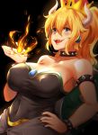  bare_shoulders black_collar black_dress black_nails blonde_hair blue_earrings blue_eyes blush bowsette bracelet breasts collar collarbone covered_nipples crown dress fire gem hair_between_eyes hand_on_hip highres horns jewelry large_breasts lips long_hair looking_at_viewer lulu-chan92 mario_(series) nail_polish new_super_mario_bros._u_deluxe open_mouth ponytail sharp_teeth smile spiked_armlet spiked_bracelet spiked_collar spiked_shell spikes strapless strapless_dress super_crown taut_clothes taut_dress teeth turtle_shell 