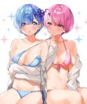  assisted_exposure bare_shoulders bikini blue_bikini blue_eyes blue_hair blush breast_hold breasts cleavage closed_mouth crossed_arms eyes_visible_through_hair front-tie_bikini front-tie_top hair_ornament halterneck highres large_breasts medium_breasts mery_(apfl0515) multiple_girls navel off_shoulder open_mouth pink_bikini pink_eyes pink_hair ram_(re:zero) re:zero_kara_hajimeru_isekai_seikatsu rem_(re:zero) siblings side-tie_bikini sisters sitting smile strap_pull swimsuit untied untied_bikini x_hair_ornament 