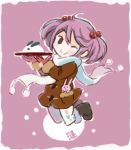  animal_print boots bunny bunny_print coat gloves hair_between_eyes hair_bobbles hair_ornament kantai_collection long_sleeves one_eye_closed otoufu pantyhose pink_background pink_eyes pink_hair plate sazanami_(kantai_collection) scarf smile snow_bunny snowing twintails winter_clothes winter_coat 