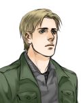  blonde_hair cang_fade commentary_request jacket james_sunderland male_focus silent_hill_2 simple_background solo upper_body white_background 