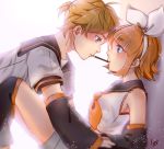  1girl backlighting blonde_hair blue_eyes blush bow brother_and_sister detached_sleeves eye_contact food food_in_mouth hair_ornament hairband hairclip incest kagamine_len kagamine_rin looking_at_another mouth_hold pocky pocky_day pocky_kiss sailor_collar shared_food short_hair shorts siblings sidelocks sie2r twincest twins vocaloid white_background white_bow 