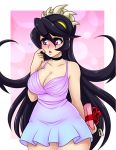  bare_shoulders black_hair blush box breasts choker cleavage collarbone commentary commission cowboy_shot dress embarrassed english_commentary filia_(skullgirls) finger_to_cheek gift gift_box gradient_clothes gradient_dress large_breasts long_hair open_mouth pink_background plump red_eyes ribbon samson_(skullgirls) sharp_teeth skullgirls solo spewing_mews teeth thick_thighs thighs very_long_hair yellow_eyes 