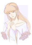  absurdres blue_background blue_eyes blue_ribbon brown_hair collarbone flower hair_ribbon hands_together head_wreath highres long_hair looking_at_viewer pointy_ears princess_zelda ribbon sidelocks solo tattoo the_legend_of_zelda the_legend_of_zelda:_skyward_sword triforce tsukiyumi upper_body white_background wide_sleeves 