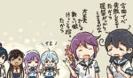  ahoge akebono_(kantai_collection) bell black_hair blue_hair brown_hair closed_eyes comic flower grin hair_bell hair_flower hair_ornament hands_on_hips hat i-400_(kantai_collection) kantai_collection long_hair multiple_girls neckerchief open_mouth otoufu ponytail purple_hair sado_(kantai_collection) sailor_hat school_uniform serafuku shirt short_sleeves sidelocks sleeveless sleeveless_shirt smile tan tearing_up translated tsushima_(kantai_collection) ushio_(kantai_collection) yahagi_(kantai_collection) 