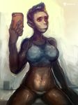  2018 abs anthro ape breasts cellphone chimpanzee clothed clothing digital_media_(artwork) female fur hair humanoid invalid_color looking_at_viewer mammal neurodyne phone primate selfie simple_background smile solo yello 