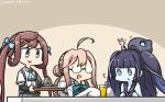  3girls ahoge animal aqua_bow aqua_neckwear arm_warmers asagumo_(kantai_collection) black_hair black_sailor_collar blue_eyes blue_skin bow bowtie brown_hair bunny commentary_request cup dated dock_hime dress drinking_glass drinking_straw eyebrows_visible_through_hair food glasses grey_eyes grey_skirt hair_bun hamu_koutarou highres juice kantai_collection long_hair makigumo_(kantai_collection) multiple_girls open_mouth pink_hair pleated_skirt sailor_collar sailor_dress shinkaisei-kan shirt short_sleeves skirt sleeveless sleeveless_dress sleeves_past_wrists smile twintails white_shirt 