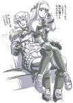  1girl ass breasts brother_and_sister commentary_request gloves long_hair makkore_tarou monochrome patroklos_alexander pyrrha_alexandra siblings simple_background sitting sitting_on_lap sitting_on_person skirt soulcalibur soulcalibur_v thighhighs translation_request trembling 