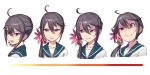  akebono_(kantai_collection) anger_vein angry bell commentary_request disgust flower gauge hair_bell hair_between_eyes hair_flower hair_ornament hair_over_shoulder highres jingle_bell kantai_collection long_hair looking_at_viewer looking_to_the_side multiple_views open_mouth purple_eyes purple_hair school_uniform serafuku side_ponytail simple_background sweatdrop tonami_kanji white_background white_serafuku 