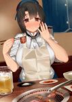  ascot beer_mug black_hair blue_hat blue_jacket blue_skirt blush bowl breasts chopsticks collared_shirt eating food food_on_face hat highres jacket kantai_collection kusaka_souji large_breasts looking_at_viewer nose_blush partially_undressed plate red_eyes rice shirt short_hair sitting skirt sleeves_rolled_up smile solo takao_(kantai_collection) tongs upper_body white_shirt 