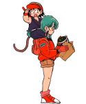  1girl :o aida_kaiko arm_up armpits bare_legs baseball_cap black_eyes black_hair blue_eyes blue_hair bulma carrying character_name clothes_writing dougi dragon_ball dragon_ball_(classic) expressionless eyebrows_visible_through_hair eyelashes full_body gloves hand_on_own_face hat holding jacket looking_down looking_up map nyoibo pink_legwear profile radar red_footwear red_gloves red_jacket short_hair shorts shoulder_carry simple_background socks son_gokuu standing tail white_background wristband 
