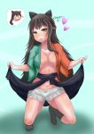  1girl :3 bangs black_bow bloomers blush bow bow_bloomers breasts brown_hair collarbone fang full_body hair_bow half_updo hard_translated heart japanese_clothes kimono long_hair long_sleeves medium_breasts messy_hair multicolored multicolored_clothes multicolored_kimono navel open_clothes open_kimono open_mouth possessed possession sidelocks skirt skirt_lift socks solo spread_legs squatting stomach sura_sura sweatdrop tatsumi_kon thighs thought_bubble topless underwear undressing urara_meirochou white_bloomers wide_sleeves yellow_eyes yuri 