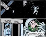  armor astronaut bite border clothing comic english_text gloves helmet human humor mammal onegianthand reptile scalie snake space space_station spacesuit speech_bubble star text url white_border 