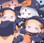  6+girls :d abigail_williams_(fate/grand_order) bangs black_bow black_dress black_hair black_hat blonde_hair bloomers blue_eyes blush bow bug butterfly chibi commentary_request dress eyebrows_visible_through_hair facing_away fate/grand_order fate_(series) forehead fujimaru_ritsuka_(female) fujimaru_ritsuka_(male) hair_bow hat highres insect keyhole long_hair long_sleeves multiple_girls multiple_persona open_mouth orange_bow parted_bangs polka_dot polka_dot_bow red_eyes silver_hair sleeves_past_fingers sleeves_past_wrists smile underwear usuaji v-shaped_eyebrows very_long_hair white_bloomers white_skin witch_hat 