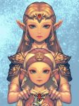  bellhenge blonde_hair blue_eyes earrings hand_on_shoulder headdress hime_cut holding instrument jewelry long_hair looking_at_viewer makeup multiple_girls ocarina pauldrons pointy_ears princess_zelda the_legend_of_zelda the_legend_of_zelda:_ocarina_of_time tiara 