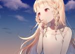  azit_(down) bangs blonde_hair blue_sky blush braid cloud cloudy_sky commentary day dress flat_chest flower hair_flower hair_ornament hair_ribbon hand_up highres holding holding_hair long_hair long_sleeves looking_away looking_to_the_side maquia_(sayoasa) outdoors red_eyes ribbon sayonara_no_asa_ni_yakusoku_no_hana_wo_kazarou side_braid signature sky sleeves_past_wrists solo twin_braids upper_body very_long_hair white_dress white_flower white_ribbon 