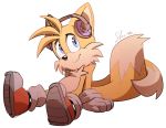  anthro black_nose blue_eyes canine clothing dipstick_tail footwear fox fur gloves headphones male mammal miles_prower multicolored_tail shira-hedgie signature simple_background smile solo sonic_(series) video_games white_fur yellow_fur 