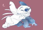  3_toes 4_arms 4_fingers alien back_spines blue_and_white claws digital_drawing_(artwork) digital_media_(artwork) disney donryu experiment_(species) fur head_tuft lilo_and_stitch looking_at_viewer monochrome multi_arm multi_limb notched_ear open_mouth open_smile red_background signature simple_background sketch smile squint stitch toe_claws toes tuft 