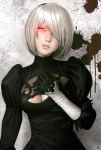  absurdres black_dress black_hairband breasts cleavage_cutout dress feather-trimmed_sleeves glowing glowing_eyes hairband highres looking_at_viewer medium_breasts mole mole_under_mouth nier_(series) nier_automata pale_skin parted_lips red_eyes short_hair silver_hair solo upper_body watanabe_yasuaki yorha_no._2_type_b 