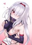  azur_lane bare_shoulders black_legwear breasts colorado_(azur_lane) elbow_gloves gloves gradient gradient_background hair_over_one_eye hairband heart heart-shaped_pupils long_hair looking_at_viewer nipples panties shimo_(depthbomb) silver_hair solo sweat symbol-shaped_pupils thighhighs underwear 