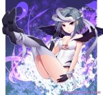  :o asymmetrical_gloves bandages black_footwear black_gloves black_wings boots breasts choker cleavage collarbone copyright_name feathered_wings full_body gloves grey_hair grey_legwear iona_(wixoss) leotard long_hair looking_at_viewer medium_breasts purple_eyes ray-akila shiny shiny_hair solo striped_leotard thighhighs white_leotard wings wixoss 