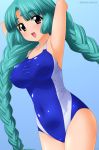  absurdres armpits arms_behind_head blue_background blue_swimsuit braid breasts canal_vorfeed collarbone competition_swimsuit cowboy_shot facial_mark forehead_mark gradient gradient_background green_hair highres large_breasts long_hair lost_universe one-piece_swimsuit open_mouth purple_eyes smile solo sugimura_tomokazu swimsuit twin_braids wallpaper 