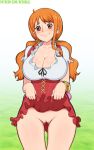  afrobull bracelet breasts cleavage closed_mouth collarbone embarrassed frills gradient gradient_background green_background jewelry large_breasts looking_at_viewer nami_(one_piece) no_panties one_piece orange_eyes orange_hair pussy short_sleeves skirt skirt_lift standing thigh_gap twintails 