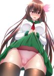  ass_visible_through_thighs black_legwear blush breasts brown_hair cameltoe commentary_request crescent crescent_hair_ornament crotch_seam eyebrows_visible_through_hair green_skirt hair_between_eyes hair_ornament highres kantai_collection kisaragi_(kantai_collection) large_breasts lifted_by_self long_hair looking_at_viewer looking_down neckerchief older panties pink_panties pleated_skirt purple_eyes remodel_(kantai_collection) ribbon school_uniform serafuku simple_background skirt skirt_lift solo takamichis211 thighhighs underwear white_background 