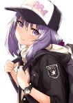  absurdres backpack bag bangs baseball_cap black_hat black_jacket blush closed_mouth clothes_writing commentary_request eyebrows_visible_through_hair glint hair_between_eyes hat headwear_writing highres holding hood hood_down hooded_jacket jacket long_hair miruto_netsuki open_clothes open_jacket original purple_eyes purple_hair short_sleeves smile solo upper_body watch white_background wristwatch 