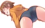  ass blush brown_hair closed_eyes em girls_und_panzer hood hoodie open_mouth short_hair short_shorts shorts simple_background smile solo tsuchiya_(girls_und_panzer) white_background 