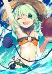  ;d arm_up armpits bikini black_ribbon blue_sky breasts brown_hat cleavage collarbone day green_bikini_bottom green_eyes green_hair halterneck hat highres komeiji_koishi long_hair one_eye_closed open_mouth orange_bikini_top outdoors ribbon side-tie_bikini sky small_breasts smile solo straw_hat sun_hat swimsuit touhou tsukikusa underboob upper_body wading water 