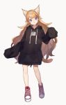  :3 animal_ears bare_legs black_hoodie blue_eyes cat_ears cat_tail clothes_writing commentary full_body hood hood_down hoodie light_brown_hair long_hair long_sleeves naked_hoodie no_pants original oversized_clothes pink_footwear pullover shoes shugao simple_background sleeves_past_wrists tail very_long_hair white_background 