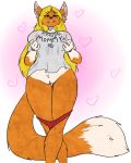  alruic anthro canine clothing female fox looking_at_viewer mammal nipple_bulge panties panties_down pussy rental_mommy_shirt smile solo standing underwear voluptuous 