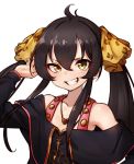  animal_print bare_shoulders black_hair blush collarbone eyebrows_visible_through_hair grin hair_between_eyes hair_ribbon hand_up heart heart_necklace idolmaster idolmaster_cinderella_girls jacket jewelry kakaobataa leopard_print long_hair long_sleeves looking_at_viewer matoba_risa necklace off_shoulder open_mouth partially_unzipped print_ribbon ribbon simple_background smile solo teeth twintails upper_body white_background yellow_eyes 